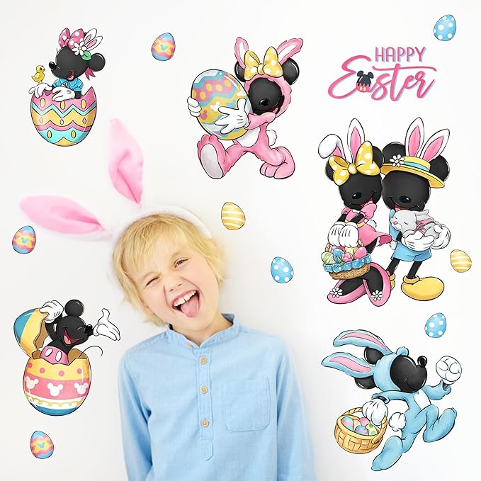 Mfault Happy Easter Cartoon Mouse Wall Decals Stickers, Eggs Bunny Decorations Bedroom Art, Rabbit Basket Chick Home Kitchen Decor Party Supplies