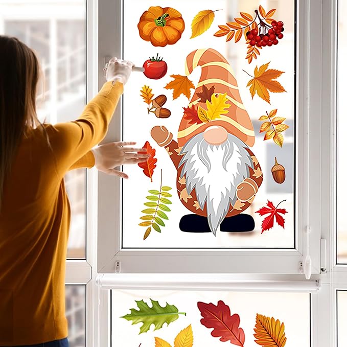 6 Sheets Fall Window clings for Home Windows Maple Leaf Window Stickers Thanksgiving Gnomes Window Decoration Autumn Window Decals for Home Office Classroom Party(Style A)