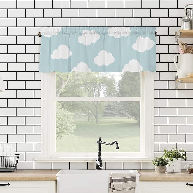 Valance Curtains for Kitchen Window, Blue White Cloud Cartoon Kids Rod Pocket Valances Window Treatments Short Curtains for Bedroom/Living Room,54" X 18" -1 Panel,