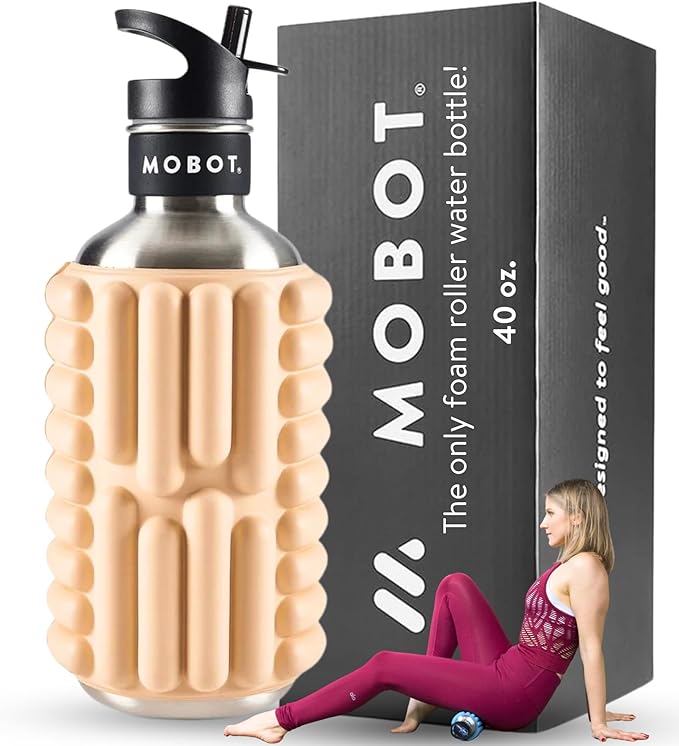 MOBOT Portable Travel Foam Roller Water Bottle with Sip Straw, Stainless Steel Screw Lid | Insulated Sports Water Bottle and Foam Rollers for Yoga, Workout, Home Gym, & Exercise