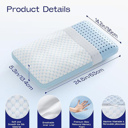 Cooling Memory Foam Pillow - Double Sides Design Extra Soft Bed Pillows for Sleeping - Comfortable Thick Memory Foam Pillow with Machine Washable Cover for Home, Hotel (Blue White)