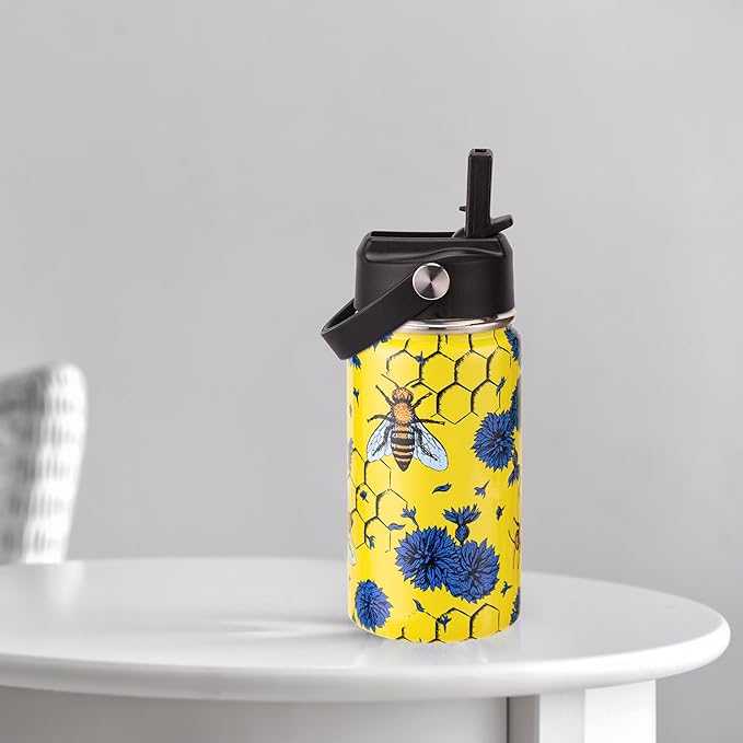 12oz Kids Insulated Water Bottle with Flip Straw & Big Handle, Bees & Flowers, Double Wall 18/8 Stainless Steel, Leakproof Gift for Kids Boys Girls to School Travel Sports, Hands Wash Only, Yellow