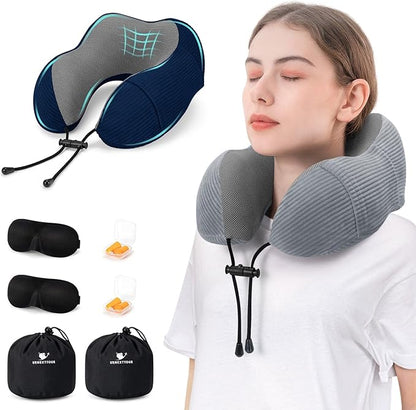 Travel Pillow for Airplane Foam Neck Pillows, 2 Pack Travel Pillow for Travelling with Eye Mask, Earplugs and Storage Bag, Sleeping Rest, Car, Train and Home Use Baby Fleece, Grey & Blue