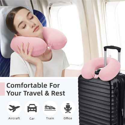 Travel Pillow, Cooling Neck Pillow Airplane Memory Foam with Sleep Mask Earplugs, Soft & Support Airplane Pillow for Travelling Plane Car Train Home Use, Pink