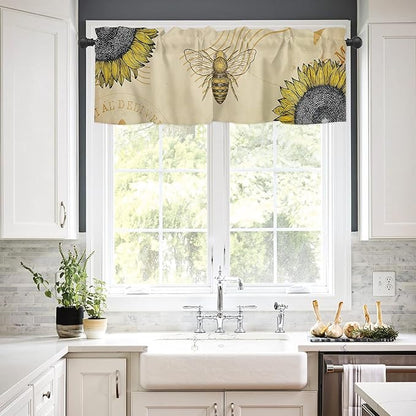 Vintage Sunflower Bee Valance Curtains for Kitchen Window,Summer Rod Pocket Valances Window Treatments Yellow Short Curtains for Bedroom/Living Room,54" X 18" -1 Panel,