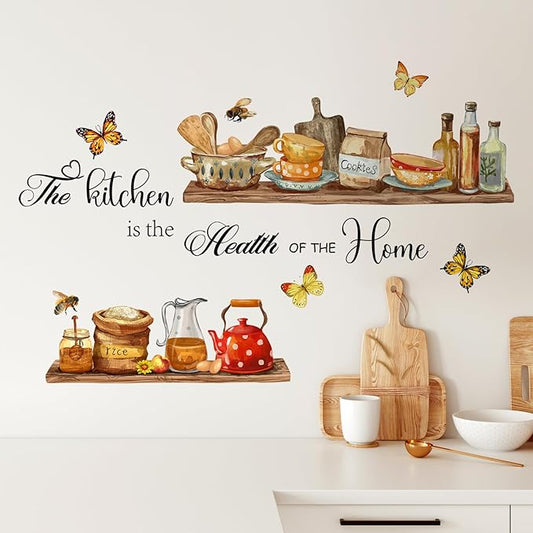 Kitchenware Wall Stickers Teapots Jars Cookie Rice Wall Decals Peel and Stick Kitchen Quote Wall Art Decors for Kitchen Dining Room Restaurant Bar Wall Decor