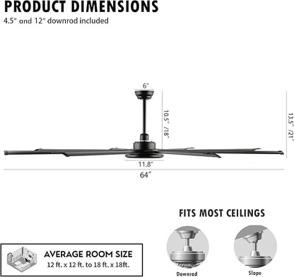 WINGBO 64" Ceiling Fan with Lights and Remote Control, Matte Black Ceiling Fan, 8 Reversible Blades, 6-Speed Noiseless DC Motor, Modern Ceiling Fan for Kitchen Bedroom Living Room, ETL Listed