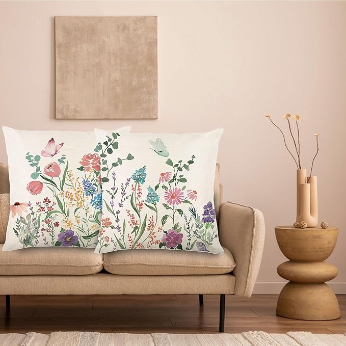 Spring Decorations for Home - Spring Pillow Covers 18x18, Outdoor Pillow Covers Spring Farmhouse Throw Pillow Cover Garden Linen Cushion Case for Home Decor