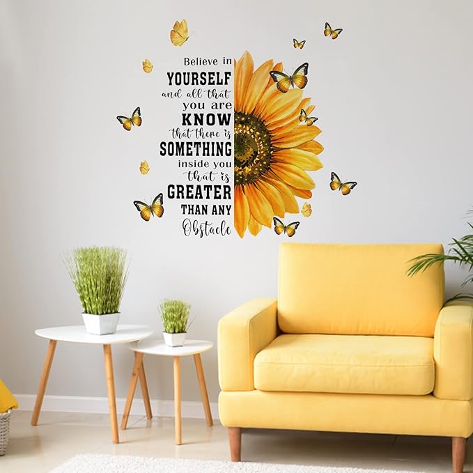 Mfault Spring Summer Sunflower Inspirational Wall Decals Stickers, Fall Flowers Motivational Believe in Yourself Quote Decorations Girls Bedroom Art, Positive Butterfly Home Kitchen Living Room Decor