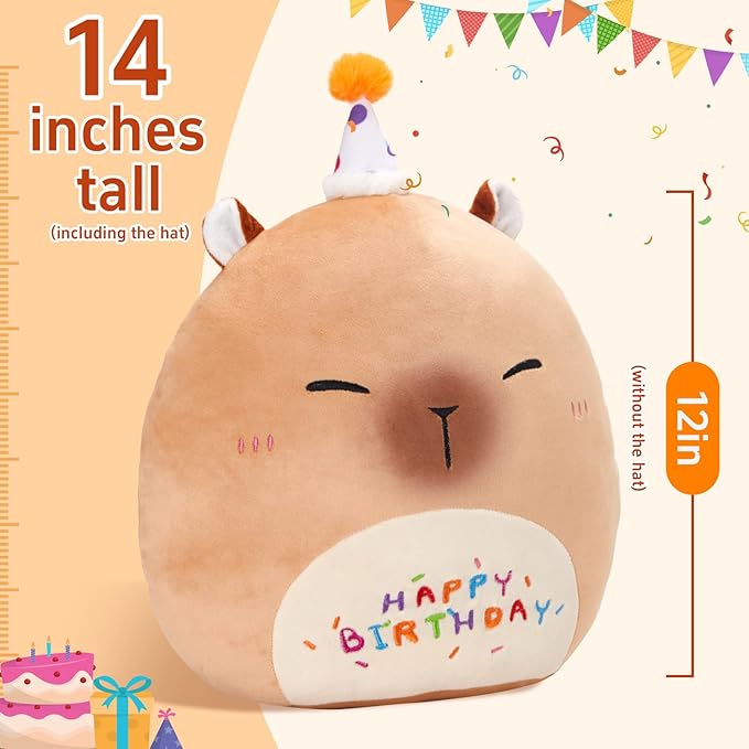 14'' Birthday Capybara Plush Pillow,Cute Capybara Stuffed Animal,Squish Capybara Happy Birthday Pillow,Kawaii Capybara Plushie Toys Birthday Gifts for Kids Toddlers Girls Boys Party Decor