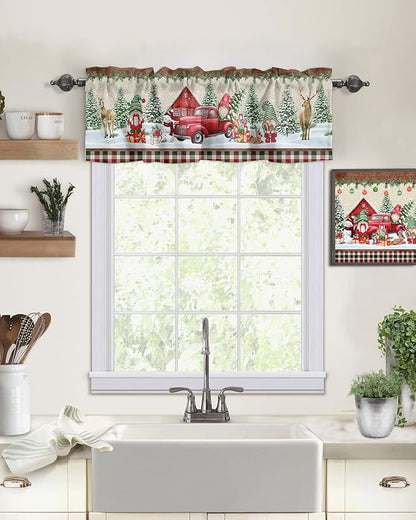 Vandarllin Christmas Farmhouse Kitchen Curtains Valances for Windows Red Truck Gnomes Rod Pocket Window Treatment for Kitchen/Living Room/Bedroom/Bathroom,42" X 18" -1 Panel, Winter Holiday Snowman