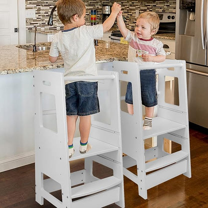 Toddler Kitchen Stool, Toddler Tower with Safety Rail, Toddler Stool for Kitchen Counter, Adjustable Height Little Helper Tower, Kitchen Stool for Toddlers 18 Months and Older, White