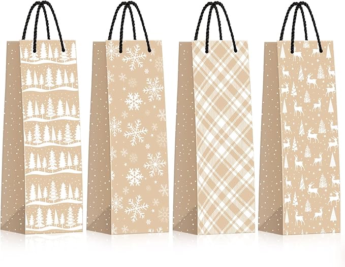 Whaline 12Pcs Christmas Wine Bottle Gift Bags 4 Design Kraft Paper Bottle Bags Xmas Tree Snowflake Elk Plaids Wine Bags for Winter Holiday Wedding Party Favor Hostess Gift Home Table