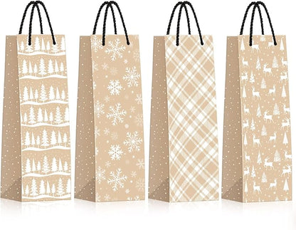 Whaline 12Pcs Christmas Wine Bottle Gift Bags 4 Design Kraft Paper Bottle Bags Xmas Tree Snowflake Elk Plaids Wine Bags for Winter Holiday Wedding Party Favor Hostess Gift Home Table