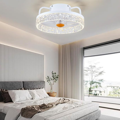 13In Flush Mount Ceiling Fans - White Bladeless Ceiling Fan with Lights and Remote Control, 3CCT Dimmable and Reversible, Small Low Profile Ceiling Fan Light for Modern Indoor Bedroom