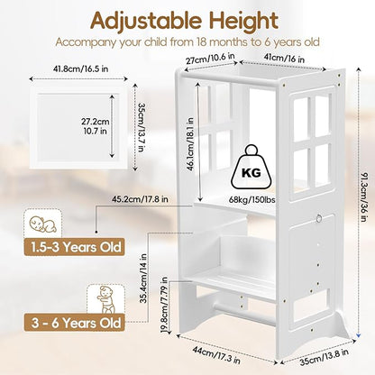 4 in 1 Toddler Kitchen Step Stool, Kitchen Toddler Tower Helper with Whiteboard and Safety Rail, Anti-Slip Protection, Adjustable-Height Kids Learning Standing Tower for Kitchen Counter Bathroom Sink