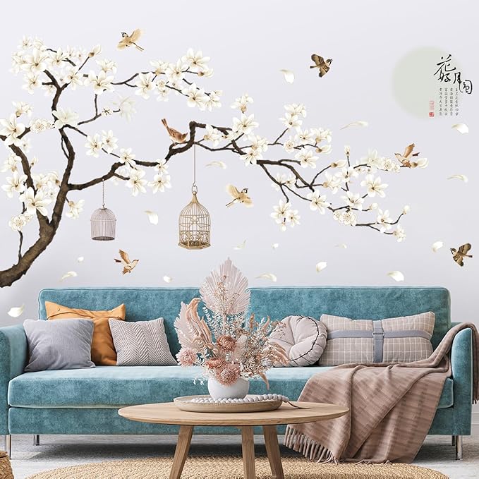 Chinese Style White Flowers Black Tree and Flying Birds Wall Stickers Removable DIY Wall Art Decor Decals Murals for Offices Home Walls Bedroom Study Room Wall Decaoration, 50inchx74inch