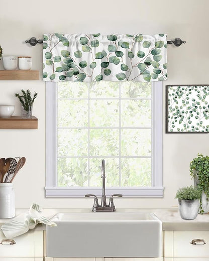 Vandarllin Watercolor Eucalyptus Vine Leaves Kitchen Curtains Valances for Windows Summer Green White Rod Pocket Window Treatment for Kitchen/Living Room/Bedroom/Bathroom,60" X 18" -1 Panel,