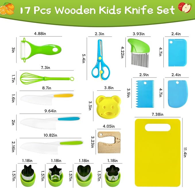 17 Pcs Montessori Kitchen Tools for Toddlers Kids Cooking Sets Safe Knife Set for Real Cooking Include Toddler Knives Cutting Boards Bear Sandwich Cutters Whisk Scissors for Birthday