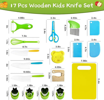 17 Pcs Montessori Kitchen Tools for Toddlers Kids Cooking Sets Safe Knife Set for Real Cooking Include Toddler Knives Cutting Boards Bear Sandwich Cutters Whisk Scissors for Birthday