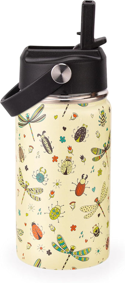 12oz Kids Insulated Water Bottle with Flip Straw & Big Handle, Dragonfly & Bugs, Double Wall 18/8 Stainless Steel, Leakproof Gift for Kids Boys Girls to School Travel Sports, Hands Wash Only, Yellow