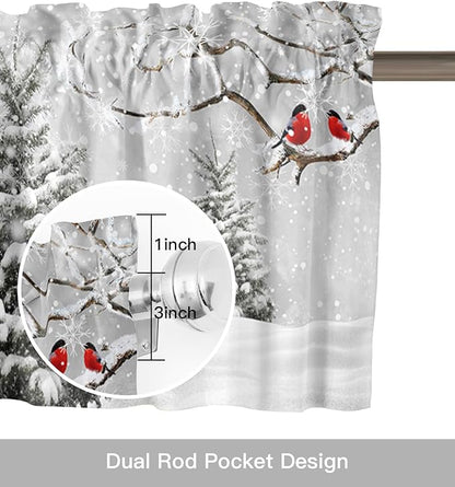 Winter Christmas Valance Curtains for Kitchen Windows Cute Snowman Cardinals Rod Pocket Window Treatment Toppers for Kitchen/Living Room/Bedroom/Bathroom, 60" X 18", GreySnowy Pine Forest