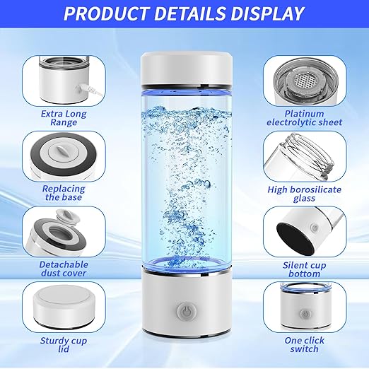 2-in-1 Hydrogen Water Bottle Generator, Portable Glass Hydrogen Water Machine with SPE Pem Technology Water Ionizer, 3Min Quick Electrolysis 1700Ppb Hydrogen, for Home, Office, Travel