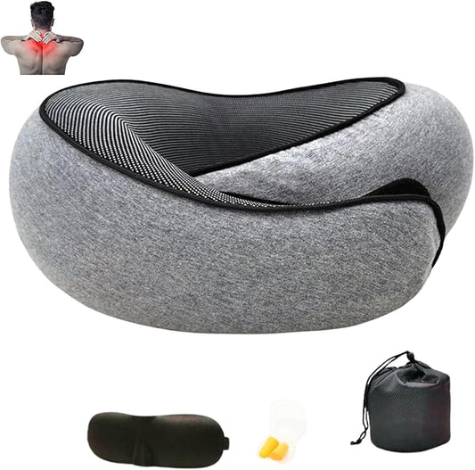 Travel Pillow for Airplane, 100% Memory Foam Neck Pillow, 360° Adjustable, Ergonomic Design & Portable Travel Accessory for Flights, Car & Home Travel Pillow Set With Carry Bag and Eye Mask Dark Grey