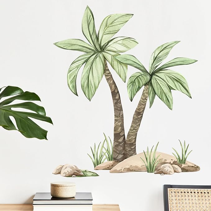 Mfault Summer Palm Tree Wall Decals Stickers, Spring Coconut Tree Tropical Hawaii Living Room Decorations Bedroom Art, Green Plants Home Kitchen Decor