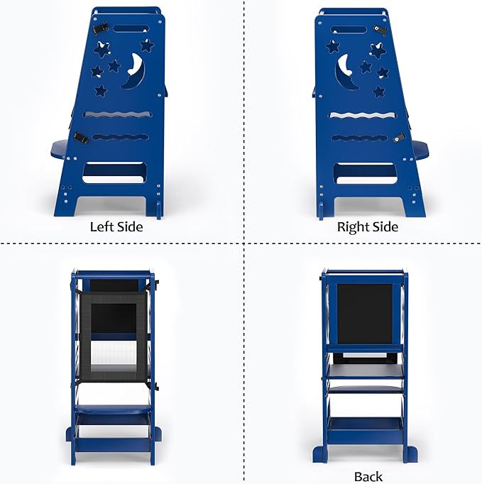 TOETOL Bamboo Learning Standing Helper Tower with Keeper - Navyblue Toddler Kitchen Counter Step Stool, 3-Height Adjustable Helper with Message Boards