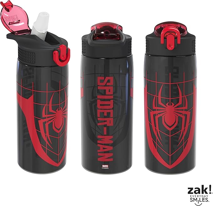 Zak Designs Marvel Spider-Man Water Bottle For School or Travel, 25 oz Durable Plastic Water Bottle With Straw, Handle, and Leak-Proof, Pop-Up Spout Cover (Spider-Man)