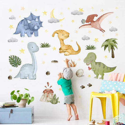 Yovkky Watercolor Baby Dinosaur Wall Decals Stickers, Dino Volcano Tropical Leaf Palm Tree Baby Boy Girl Room Nursery Decor, Cloud Moon Star Neutral Home Decorations Kid Bedroom Playroom Art