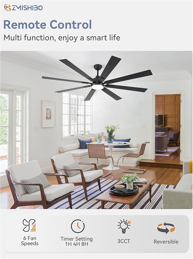 72 inch Large Ceiling Fans with Lights and Remote, Indoor/Outdoor Black Modern Ceiling Fan for Kitchen Living Room Patio, 6 Speed Reversible Quiet DC Motor, 3 CCT, Dual Finish 8 Blades