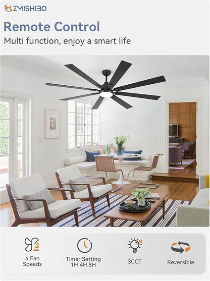 72 inch Large Ceiling Fans with Lights and Remote, Indoor/Outdoor Black Modern Ceiling Fan for Kitchen Living Room Patio, 6 Speed Reversible Quiet DC Motor, 3 CCT, Dual Finish 8 Blades