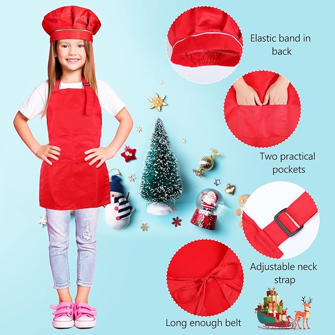 4 Sets Christmas Kids Apron and Chef Hat Boys Girls Aprons with 2 Pockets Hats Cooking Kitchen Painting Baking Wear (Classic)