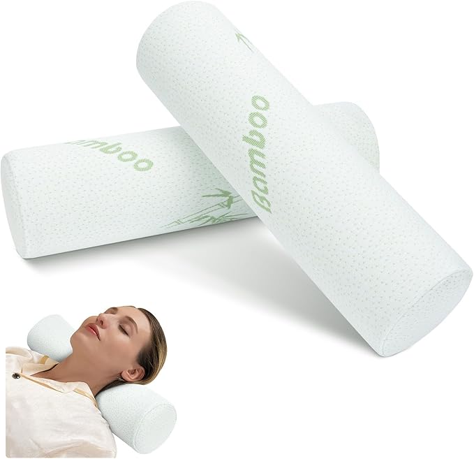 2 Pack Cervical Neck Pillow Roll Memory Foam Support Round Pillows for Pain Relief Sleeping, Bed, Legs, Back and Yoga White 17 x 4.5 Inches