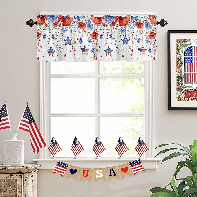 Vandarllin Summer 4th of July Kitchen Curtains Valances for Windows Patriotic Poppy Flowers Stars Rod Pocket Window Treatment for Kitchen/Living Room/Bedroom/Bathroom, 60" X 18", Blue Red