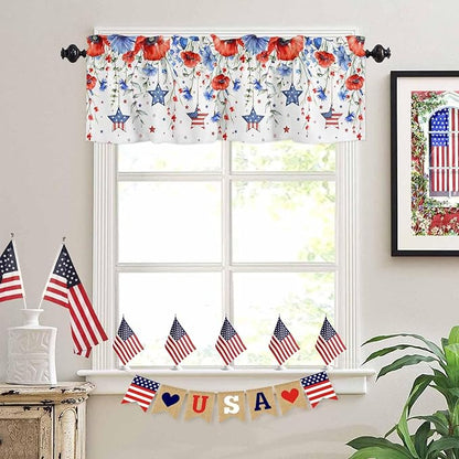 Vandarllin Summer 4th of July Kitchen Curtains Valances for Windows Patriotic Poppy Flowers Stars Rod Pocket Window Treatment for Kitchen/Living Room/Bedroom/Bathroom, 54" X 18", Blue Red