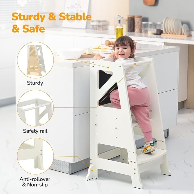 Toddler Kitchen Stool Helper - Toddler Tower with Message Boards & Safty Rail Adjustable Height Kids Kitchen Step Stool Toddler Standing Tower with Anti-Slip Protection Wooden(Beige)