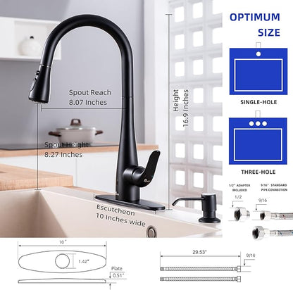 Touchless Kitchen Faucet with Soap Dispenser and Pull Down Sprayer - Single Handle Sensor Kitchen Sink Faucet, 1 or 3 Hole Design for Modern Farmhouse Kitchens, Rv, and Bar Sinks (Matte Black)