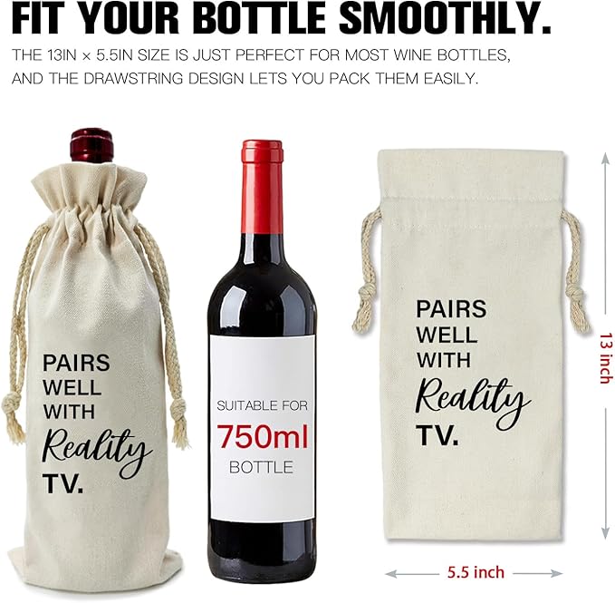 ZHANTUONE，Pairs Well With Really TV,Funny Birthday Gift Ideas Wine Bag,Drawstring Polyester Cotton Cloth Wine Bag,For Friend Boss Teacher Wine Lovers Reusable Wine Wrap Bag,13IN