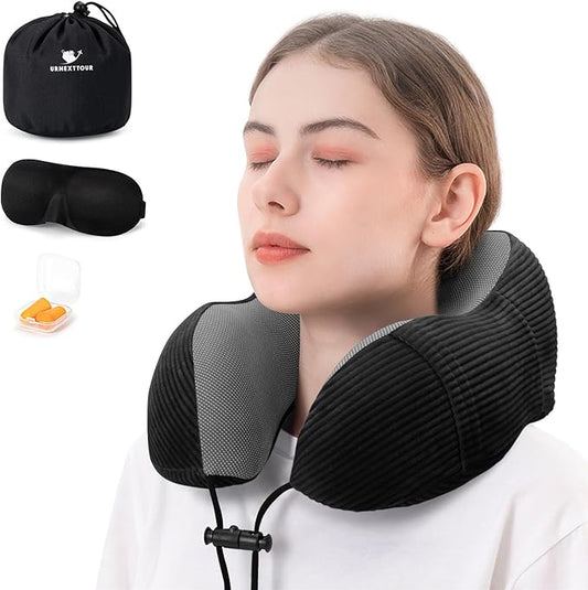 Travel Pillow for Airplane Memory Foam Neck Pillow, Soft & Support Travel Pillow for Travelling with Eye Mask, Earplugs and Storage Bag, Sleeping Rest, Car, Train and Home Use Fleece, Black