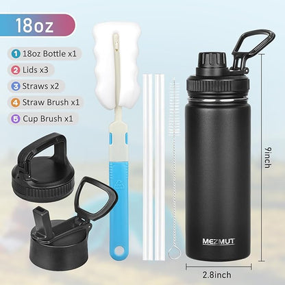 18oz Insulated Water Bottle with Straw&3 Lids Stainless Steel Water Bottles Kids Sports Metal Thermos Water Bottle Cup for School Vacuum Insulated Bottles Leak-Proof Travel Thermal (Black)