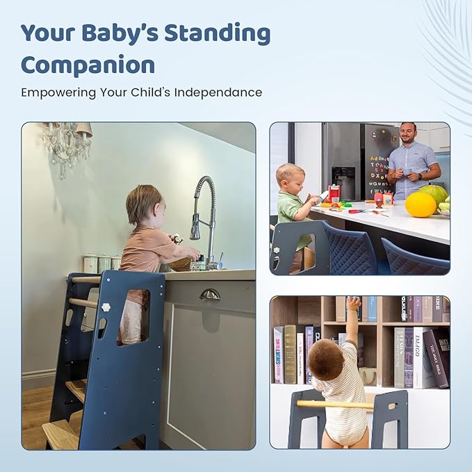 Toddler Standing Tower | Height Adjustable Step Stool for Kitchen Learning & Counter Help | Anti-Slip Baby Stand with Safety Rail & Feet | Montessori Learning Tower for Kids (Grey)