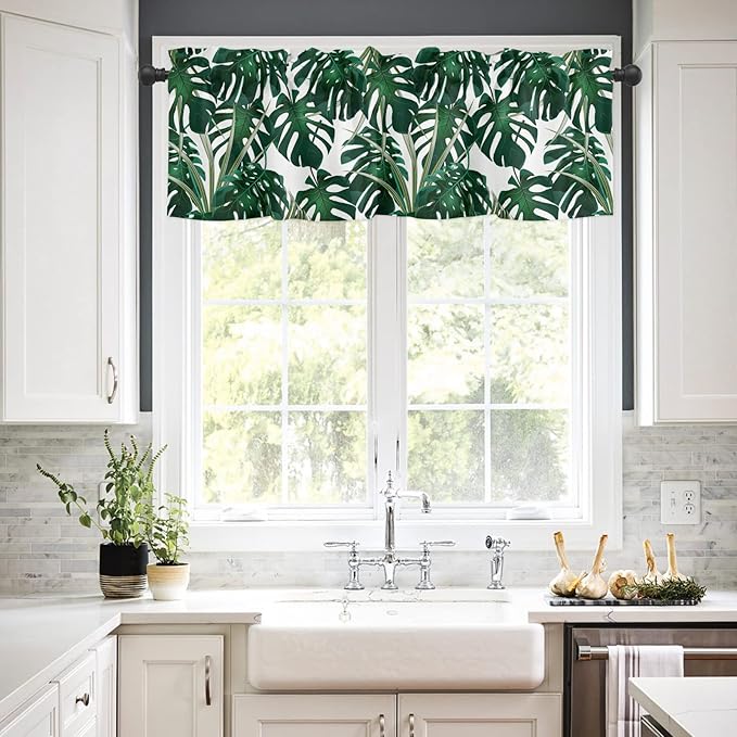 Summer Tropical Plant Valance Curtains for Kitchen Window, Green Monstera Leaves Rod Pocket Valances Window Treatments Monstera Short Curtains for Bedroom/Living Room,54" X 18" -1 Panel,