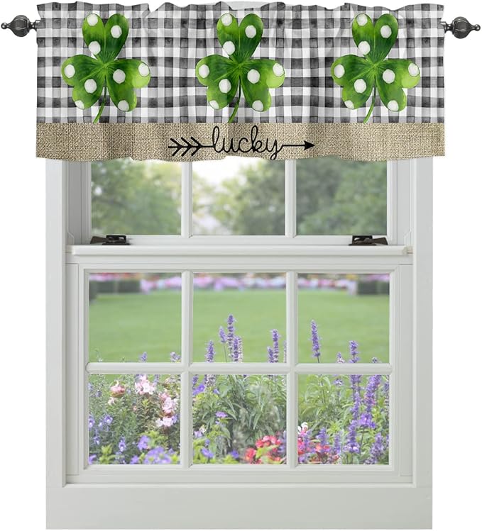 Vandarllin St. Patrick's Day Lucky Clover Shamrocks Valances Kitchen Curtains for Windows, Farmhouse Buffalo Plaid Rod Pocket Valances Short Curtains for Bedroom/Living Room,54" X 18" -1 Panel