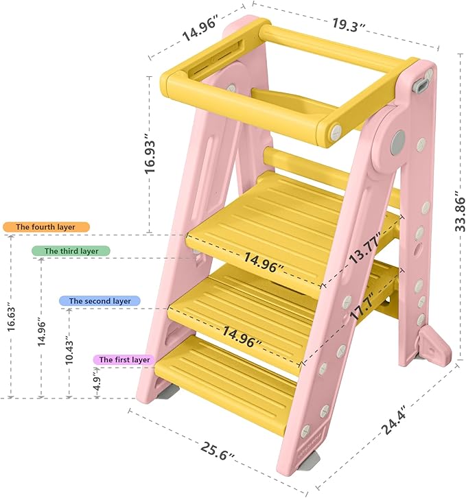 UNCLE WU Foldabel Toddler Tower, Safety Rail, 2-3 Step Adjustable Ladder- Heavy Duty Safety Toddler Step Stool for Bathroom Sink & Kitchen Stool -Ages 18 Months to 4 Years （Pink）