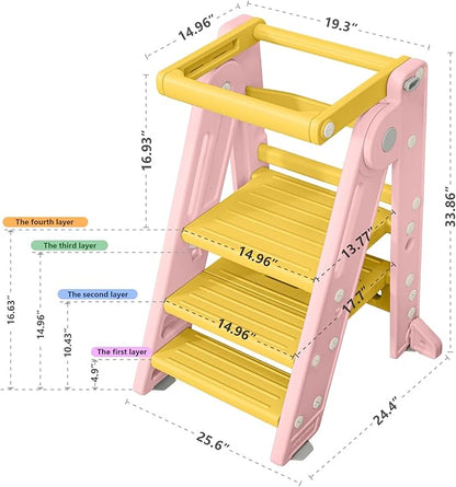 UNCLE WU Foldabel Toddler Tower, Safety Rail, 2-3 Step Adjustable Ladder- Heavy Duty Safety Toddler Step Stool for Bathroom Sink & Kitchen Stool -Ages 18 Months to 4 Years （Pink）