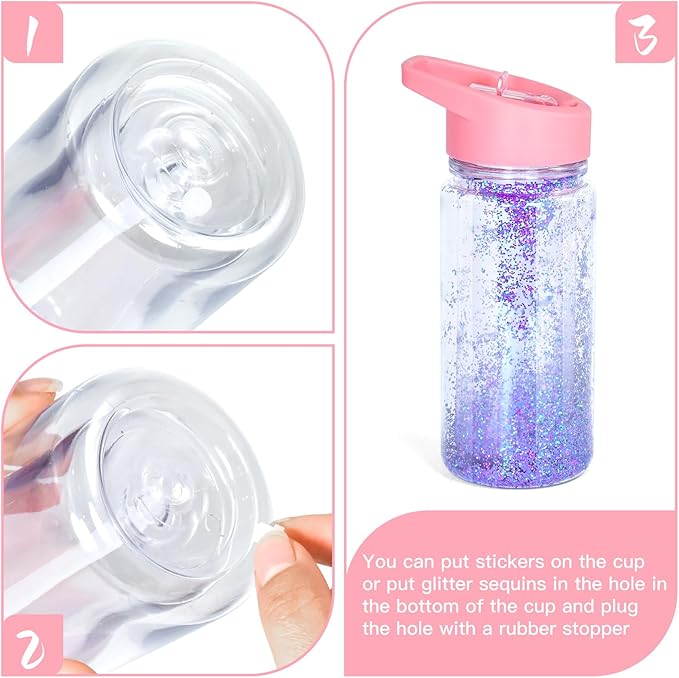 10oz Double Wall Clear Water Bottle Bulk Plastic Snow Globe Tumbler with Handle Lid, 4 Pack Acrylic Pre-Drilled Hole With Stopper Sippy Snow Globe Kid Water Bottle for Scool Sport DIY Gift, Pink