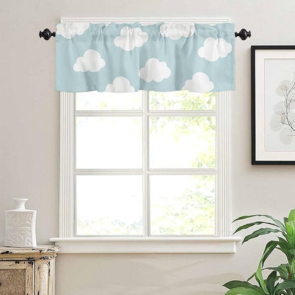 Valance Curtains for Kitchen Window, Blue White Cloud Cartoon Kids Rod Pocket Valances Window Treatments Short Curtains for Bedroom/Living Room,54" X 18" -1 Panel,